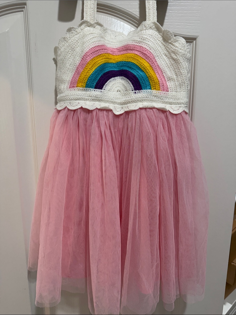 Zunie White Crochet Rainbow Pink Tulle Dress